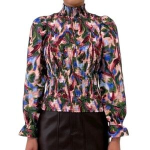 Marie Oliver Glennon Top Stargazer Lily Blouse High Neck Smocked Cuffs M Florals